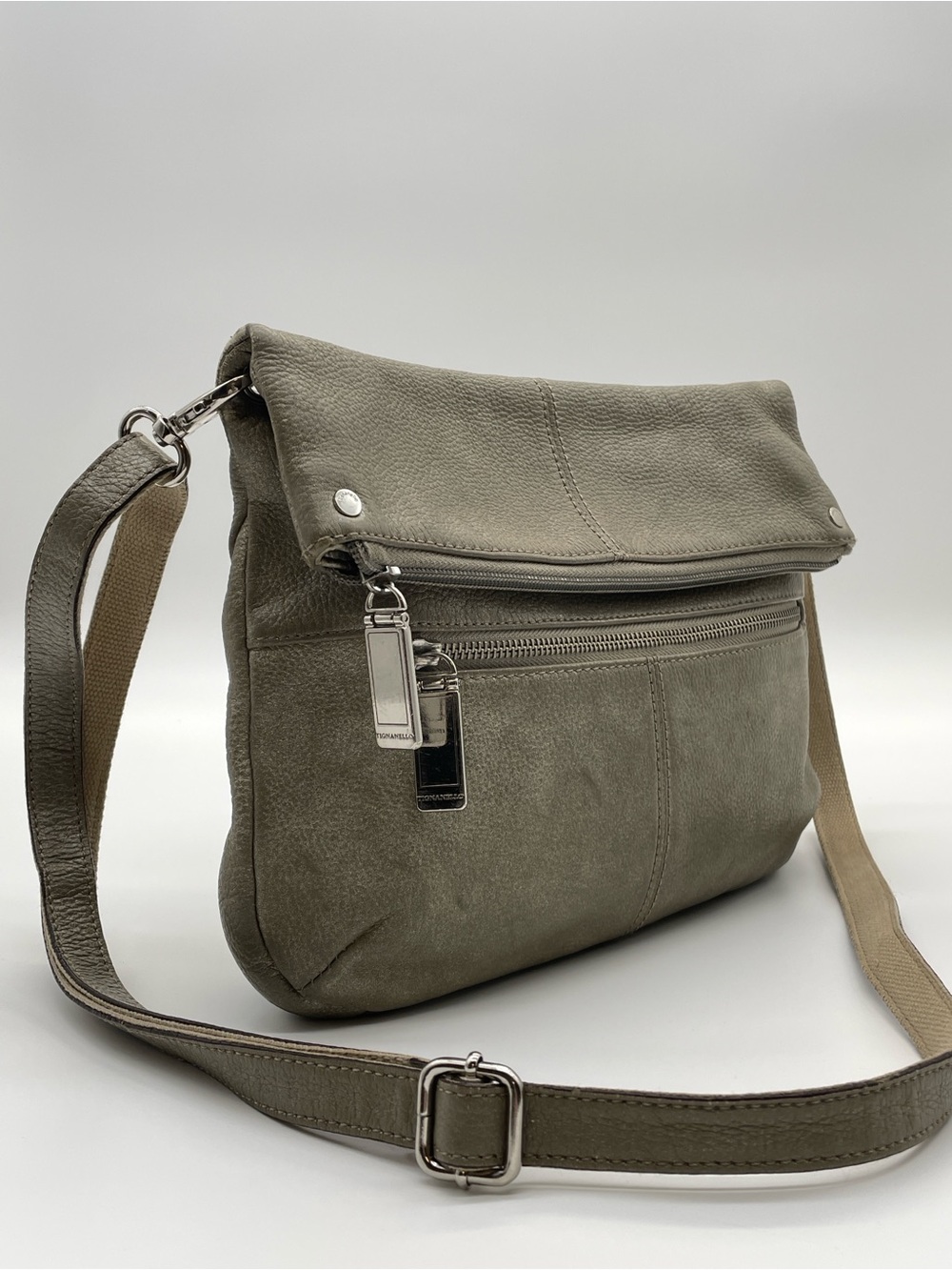 Tignanello Metallic Taupe Leather Foldover Crossbody Bag
